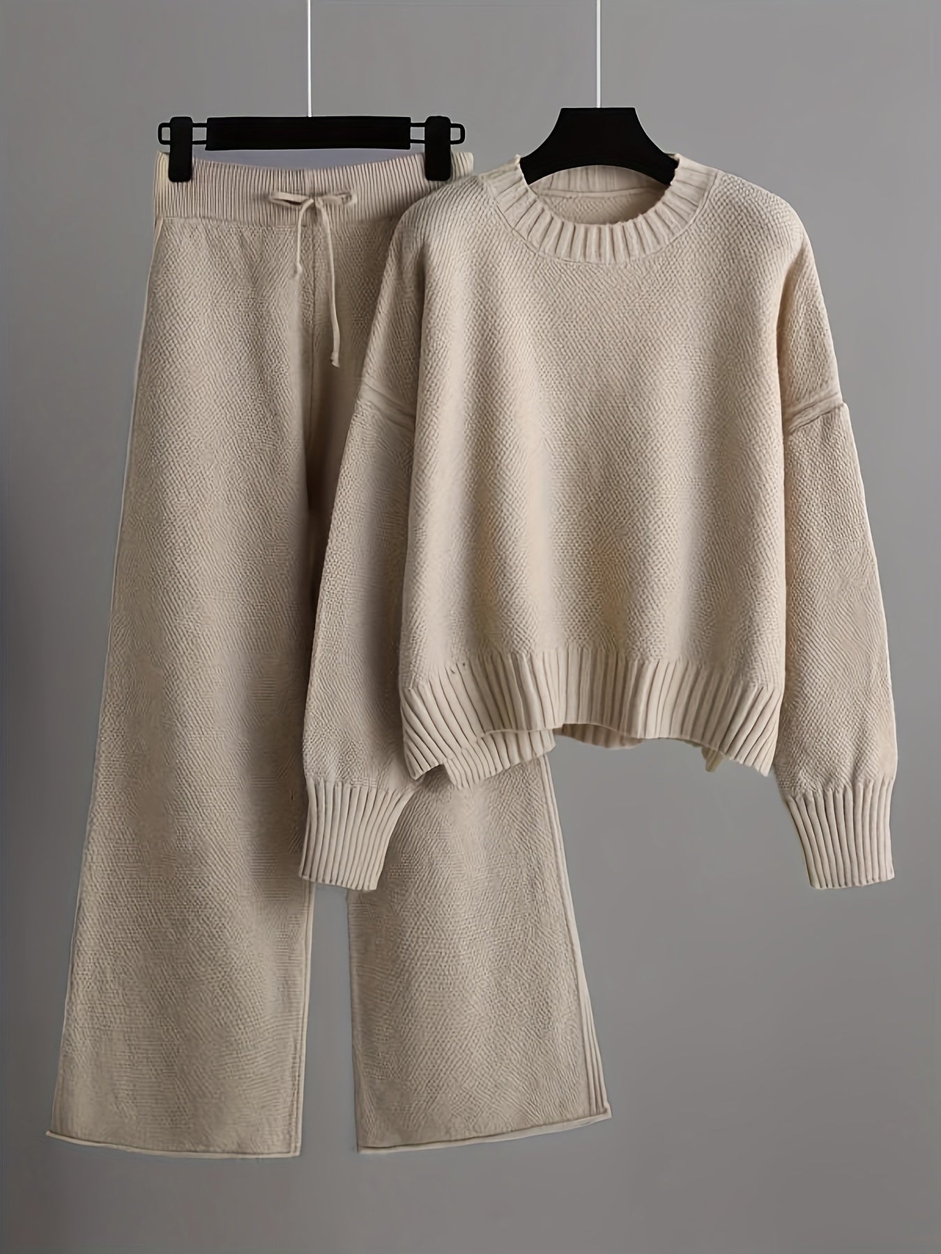 Cozy Knit Pants Set Drawstring Waist Wide Leg Pants