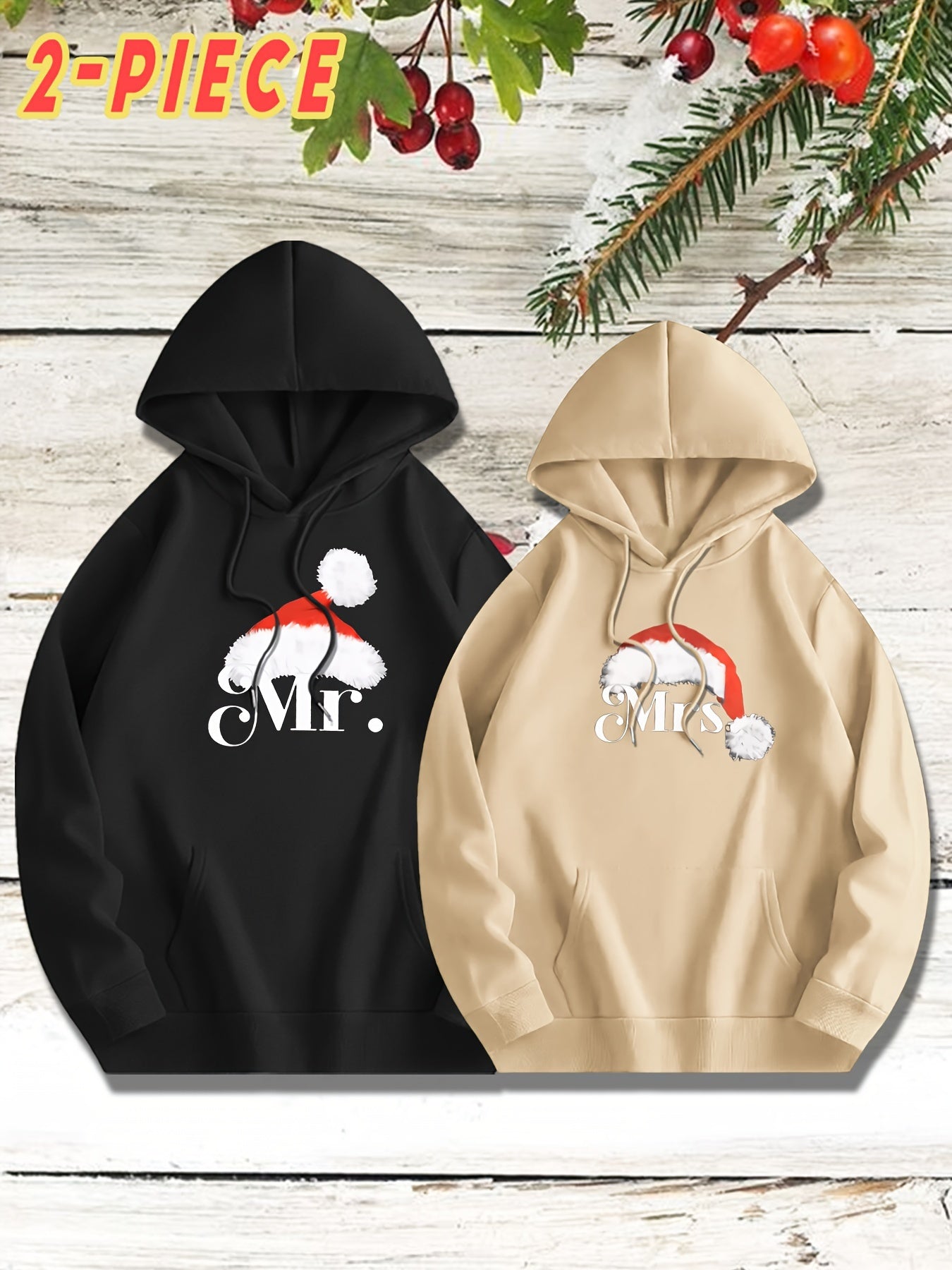 KOURRTER Christmas Hoodie Set - 2pcs, Casual Polyester Knit Fabric with Slight Stretch, Geometric Santa Hat Print, Mr. & Mrs. Design, Regular Fit with Pockets, Fall/Winter Season