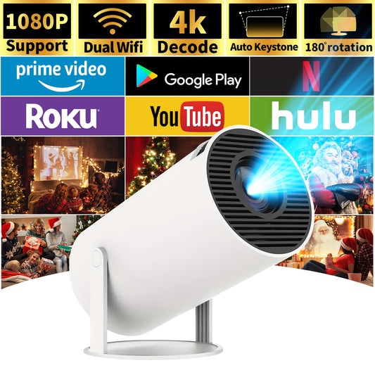 HY300 Pro Mini Portable Projector, 4K/260 ANSI Smart Projector With WiFi 6 BT 5.0, Screen Adjustment, 180 Degree Rotation, Home Video Projector Built-in Android 11.0 OS