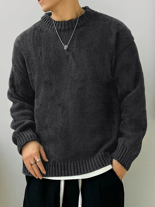 Men's Solid Knitted Pullover, Casual Long Sleeve Crew Neck Sweater For Fall Winter