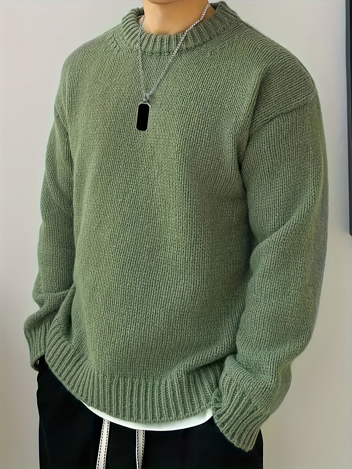 Men's Solid Knitted Pullover, Casual Long Sleeve Crew Neck Sweater For Fall Winter