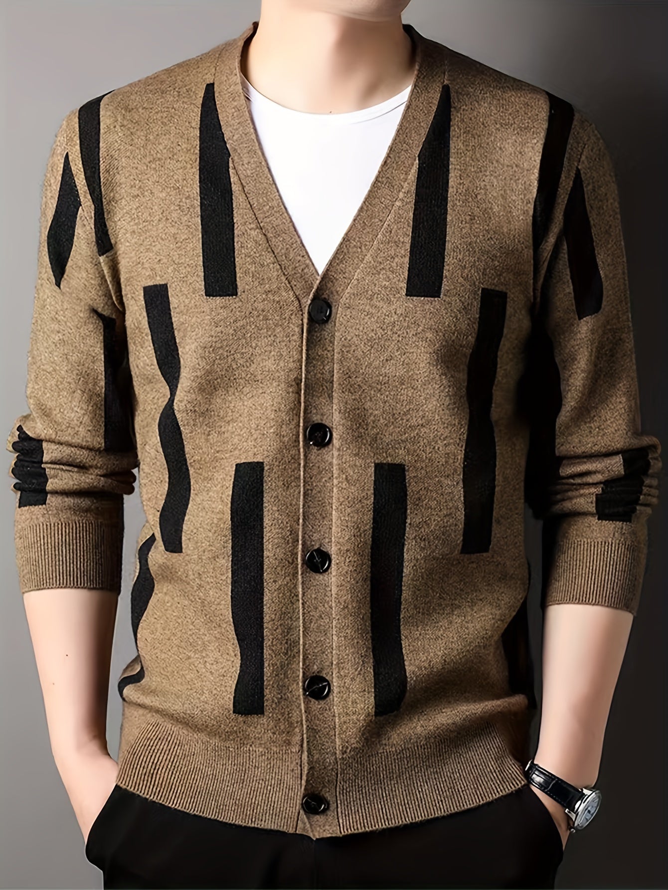 Mid Stretch Men's V-Neck Striped Button Up Cardigan Sweater For Casual Daily Wear