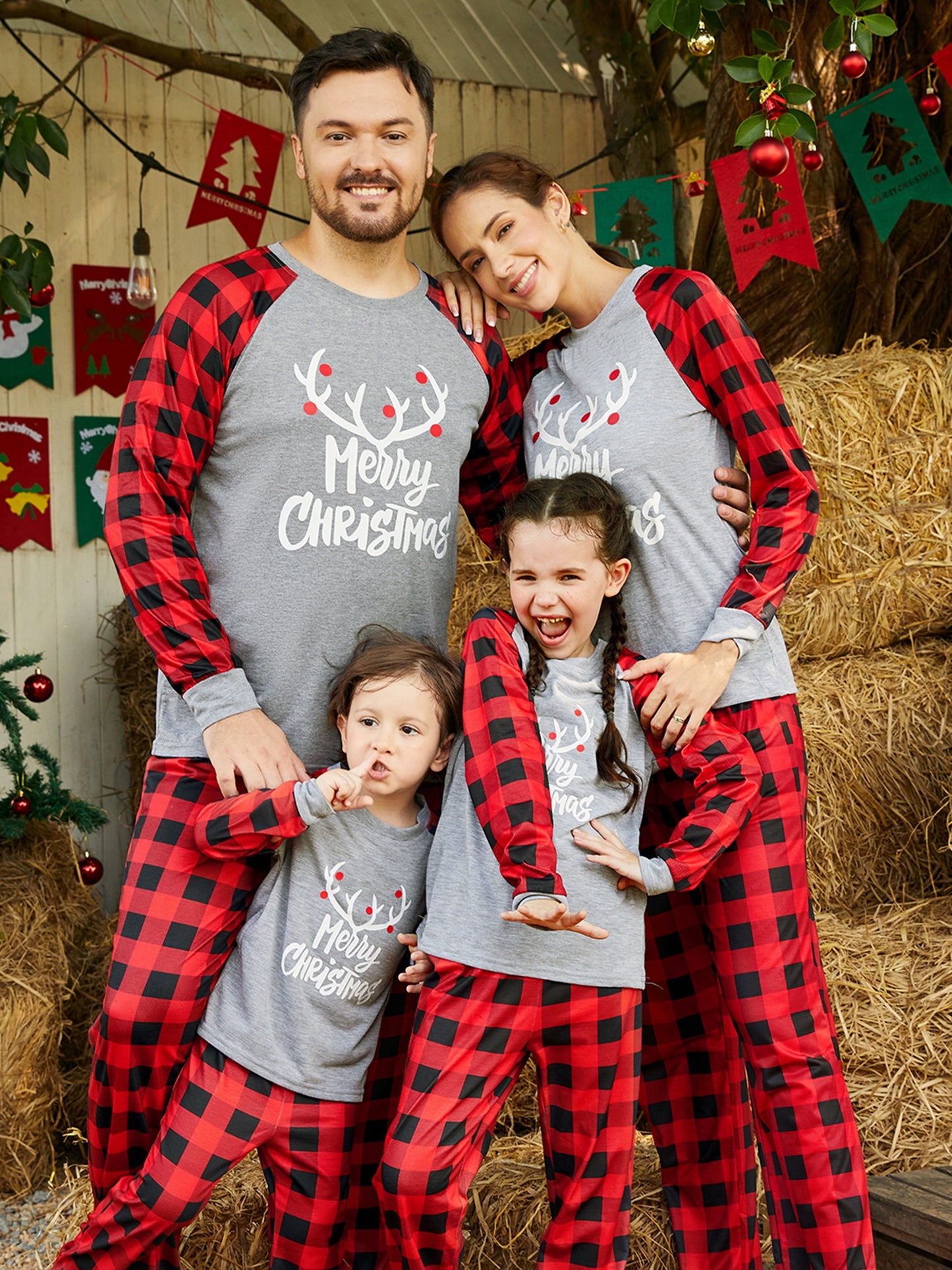 PatPat Merry Christmas Antler Letter Print Plaid Design Family Matching Pajamas Sets (Flame Resistant)