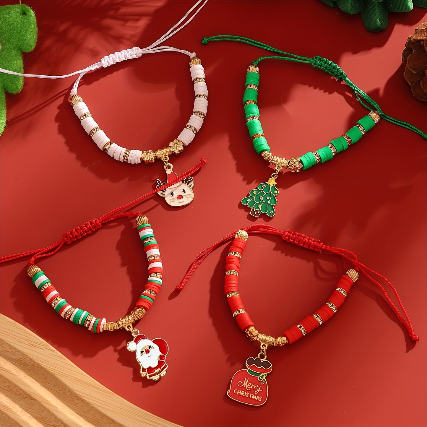 Festive, Elegant 4pcs Christmas Charm Bracelet Set - Santa, Tree & Lucky Bag Designs with Soft Clay Beads - Perfect for Daily Wear or Gifting