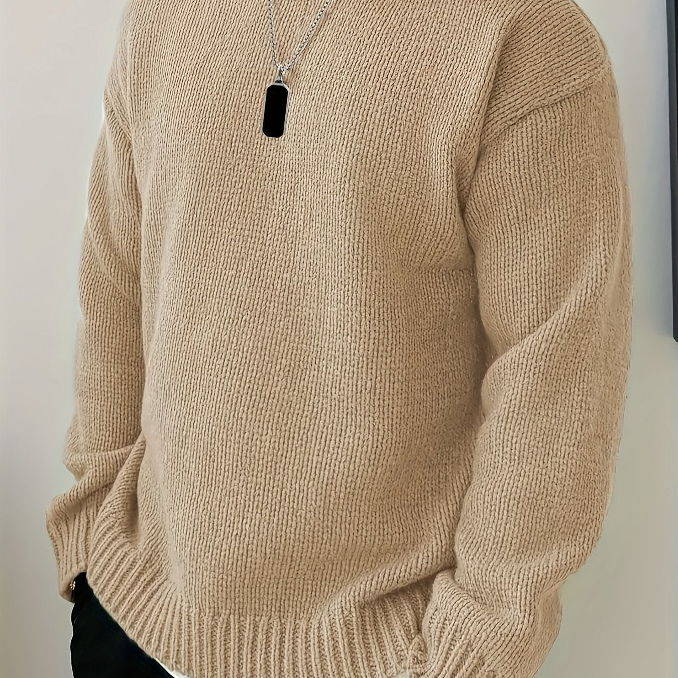 Men's Solid Knitted Pullover, Casual Long Sleeve Crew Neck Sweater For Fall Winter