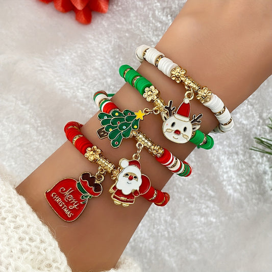 Festive, Elegant 4pcs Christmas Charm Bracelet Set - Santa, Tree & Lucky Bag Designs with Soft Clay Beads - Perfect for Daily Wear or Gifting