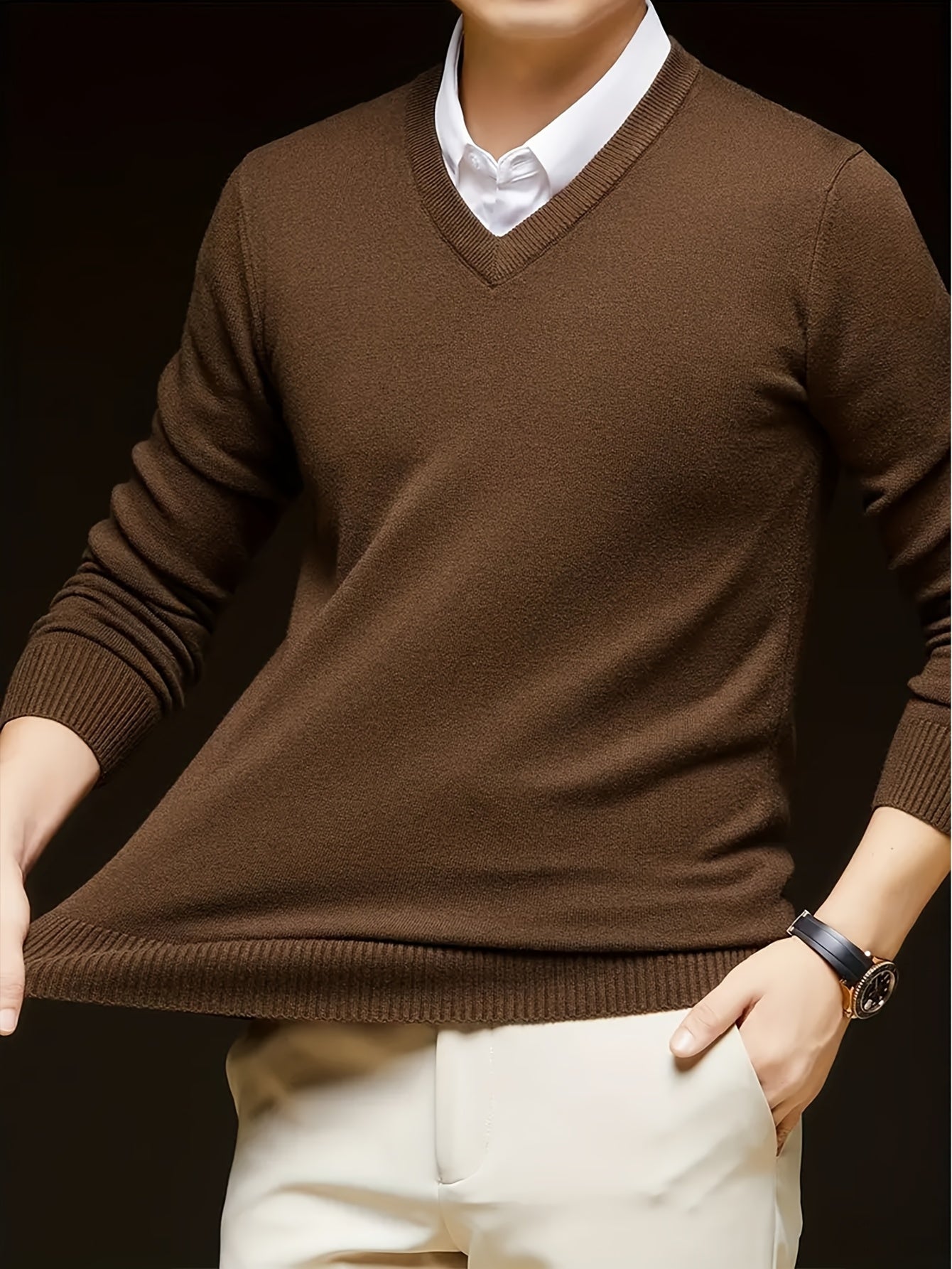 Men's Casual V-Neck Knit Sweater - Solid Color, Stretch Fabric, Long Sleeve Pullover for Fall & Winter