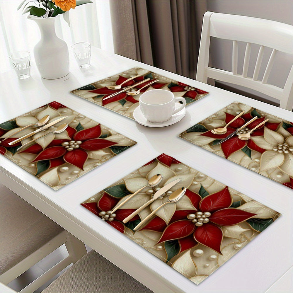 4-Pack Christmas Poinsettia Placemats, Polyester Table Mats, Rectangular Washable Kitchen Dining Decor, Machine Washable, Suige Home Brand