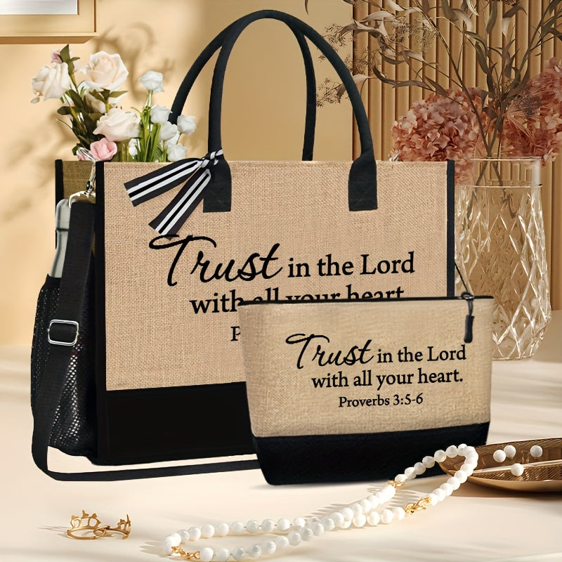 TRUST in the LORD Inspirational Scripture Tote Bag Set - 2pcs, Fabric Shoulder Bag with Zip Closure and Matching Cosmetic Pouch, Portable Travel Beach Bag, Hand Washable