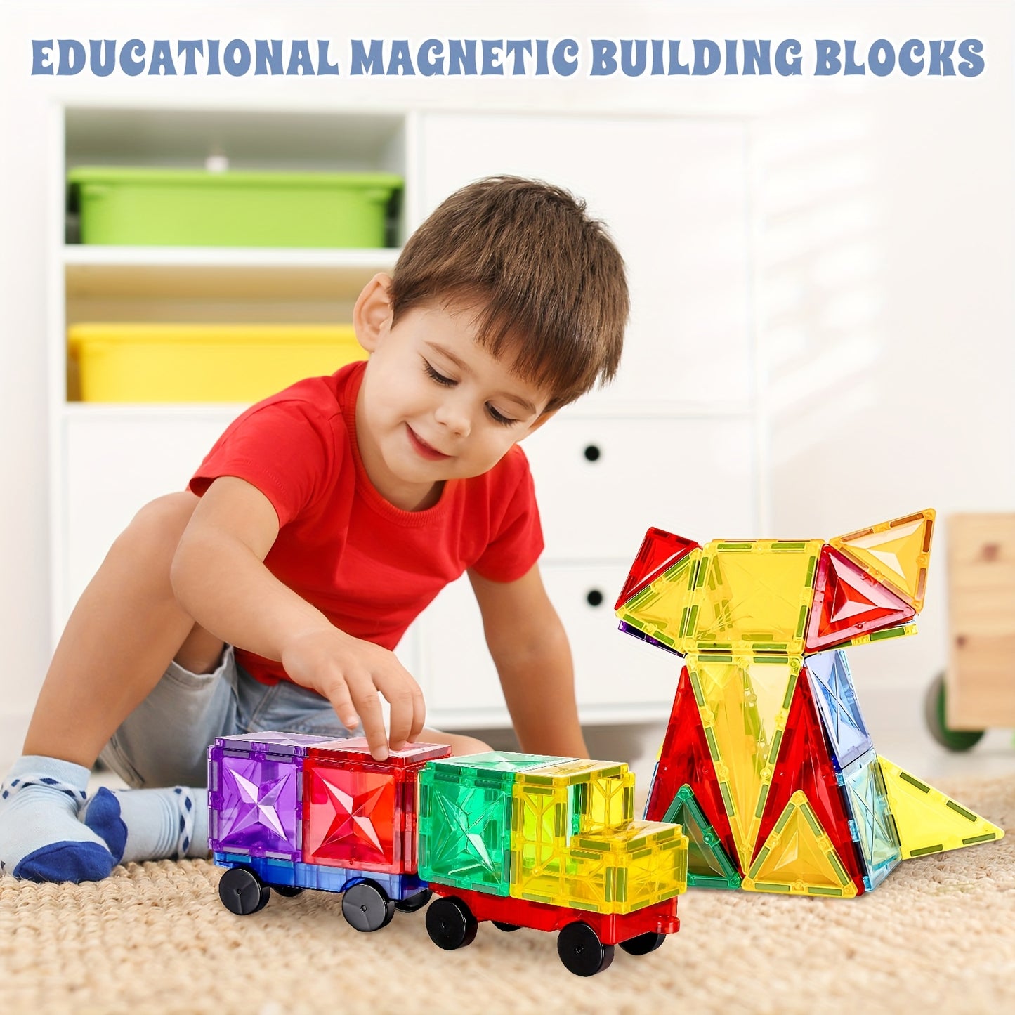 Deluxe Magnetic Tiles With 2 Cars Toy Set - 120PCS