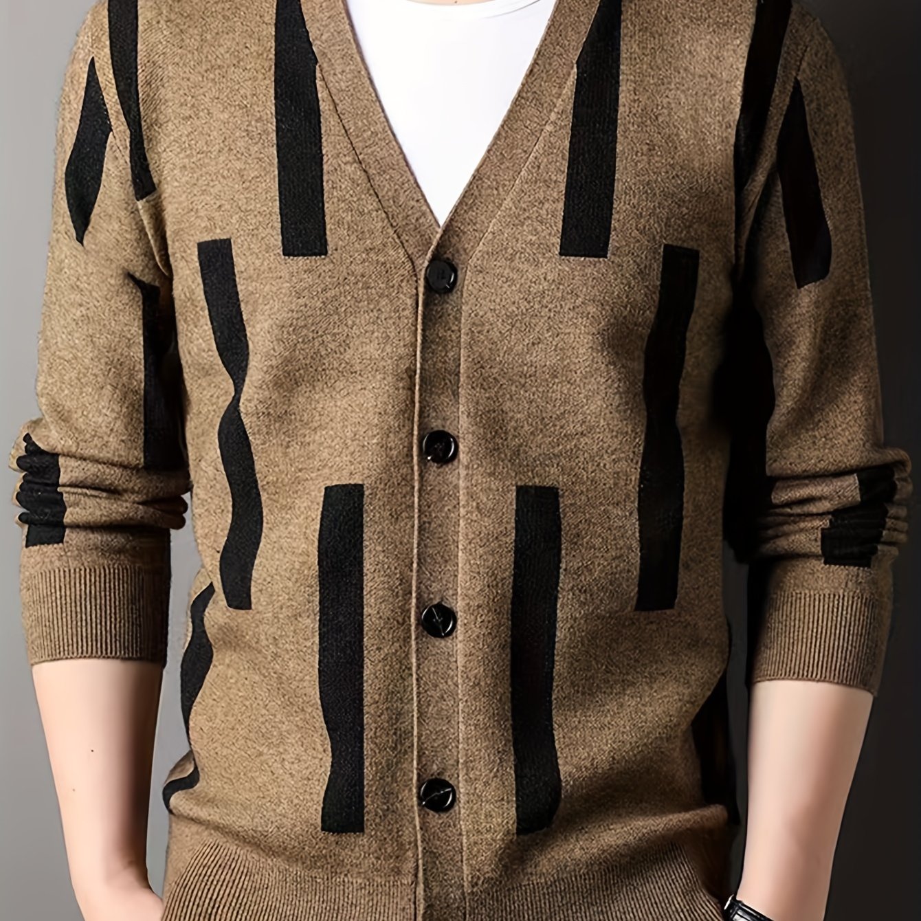 Mid Stretch Men's V-Neck Striped Button Up Cardigan Sweater For Casual Daily Wear