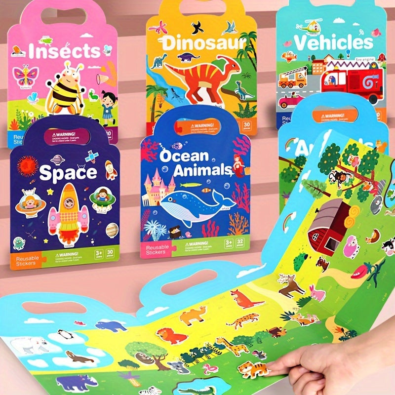 Educational Reusable Activity Books for Kids - 3 Pack, Interactive Learning Themes: Space, Dinosaurs, Animals, Ocean Life, Bugs, and Vehicles with 30 Reusable Pieces Each