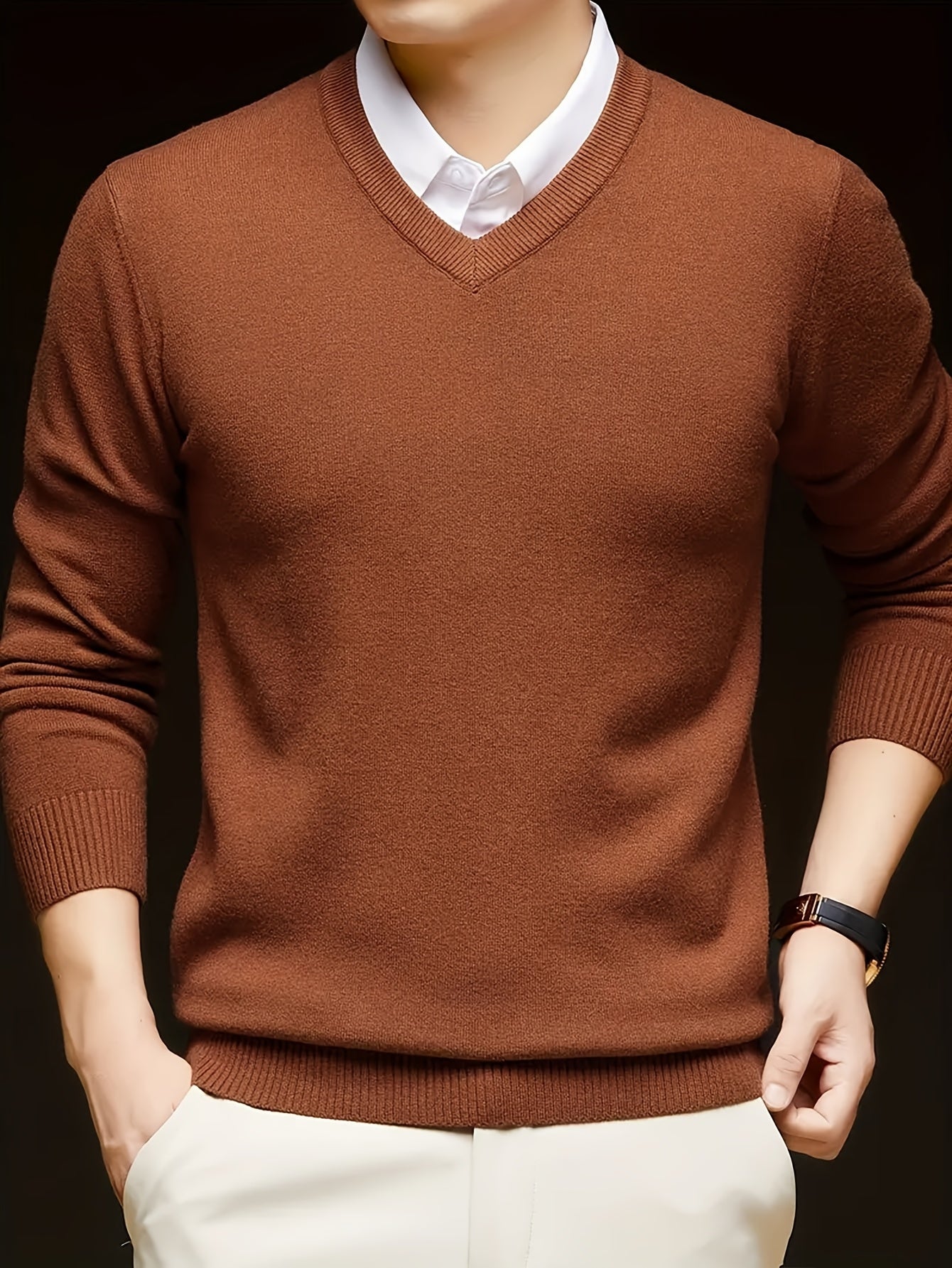 Men's Casual V-Neck Knit Sweater - Solid Color, Stretch Fabric, Long Sleeve Pullover for Fall & Winter