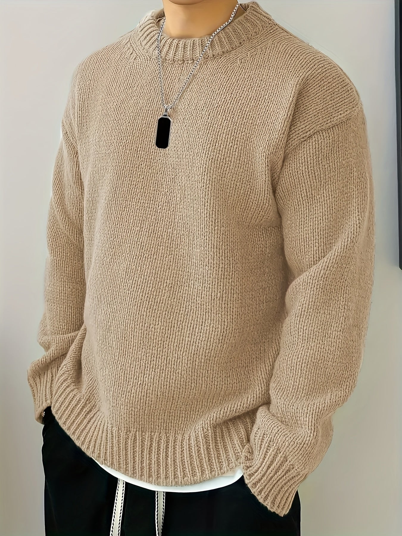 Men's Solid Knitted Pullover, Casual Long Sleeve Crew Neck Sweater For Fall Winter