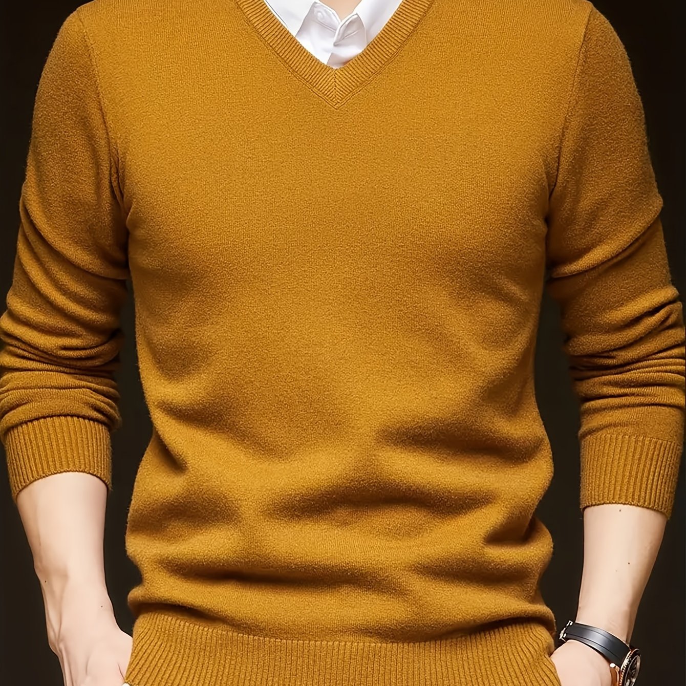 Men's Casual V-Neck Knit Sweater - Solid Color, Stretch Fabric, Long Sleeve Pullover for Fall & Winter