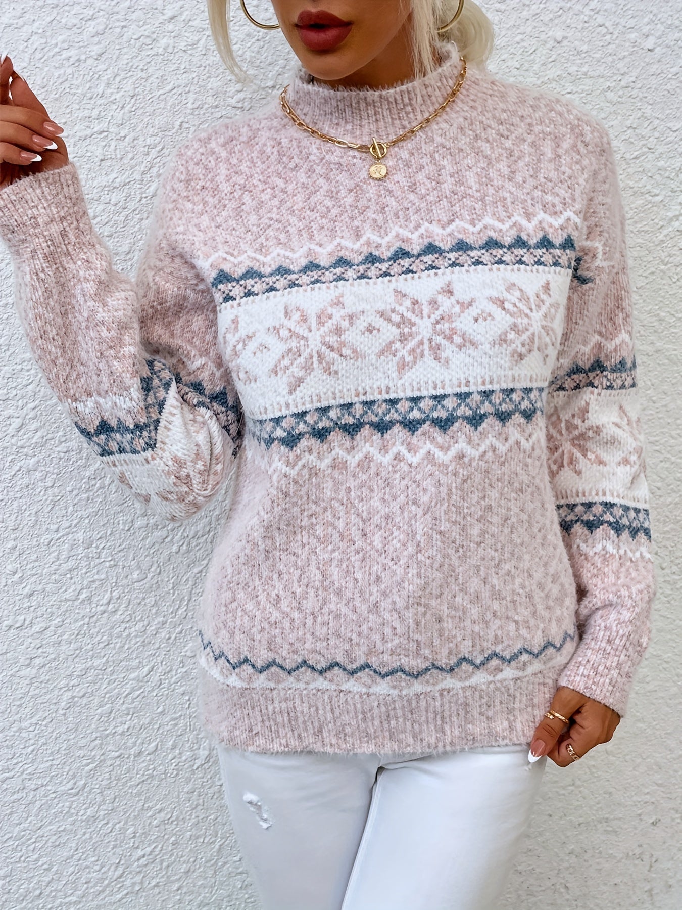 Casual Women's Long Sleeve Snowflake Pattern Mock Neck Sweater for Fall & Winter