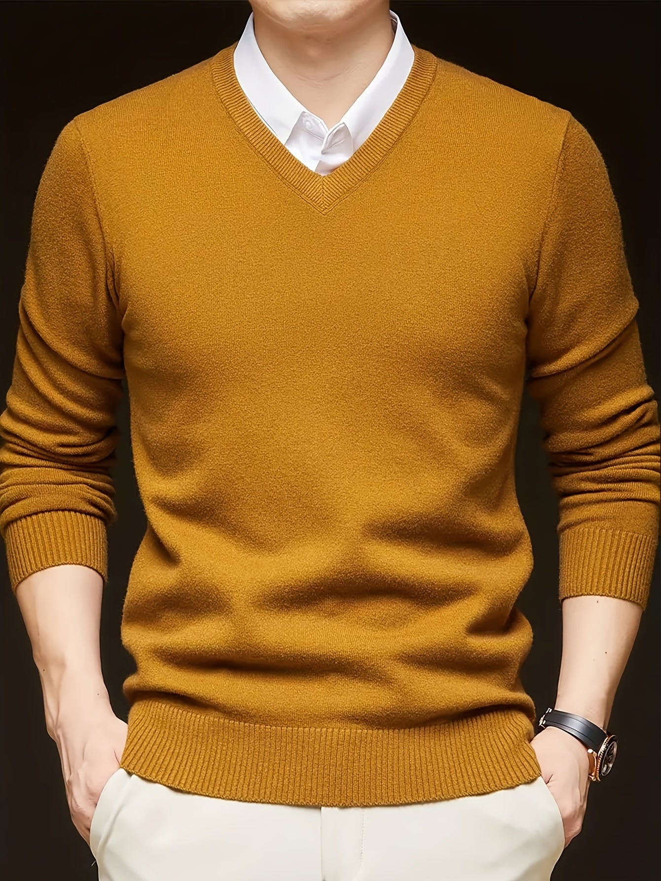 Men's Casual V-Neck Knit Sweater - Solid Color, Stretch Fabric, Long Sleeve Pullover for Fall & Winter