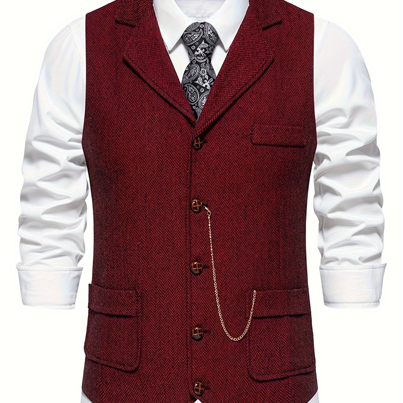 Single Breasted Men's Retro Herringbone Elegant Lapel Dress Waistcoat for Business Banquet Wedding