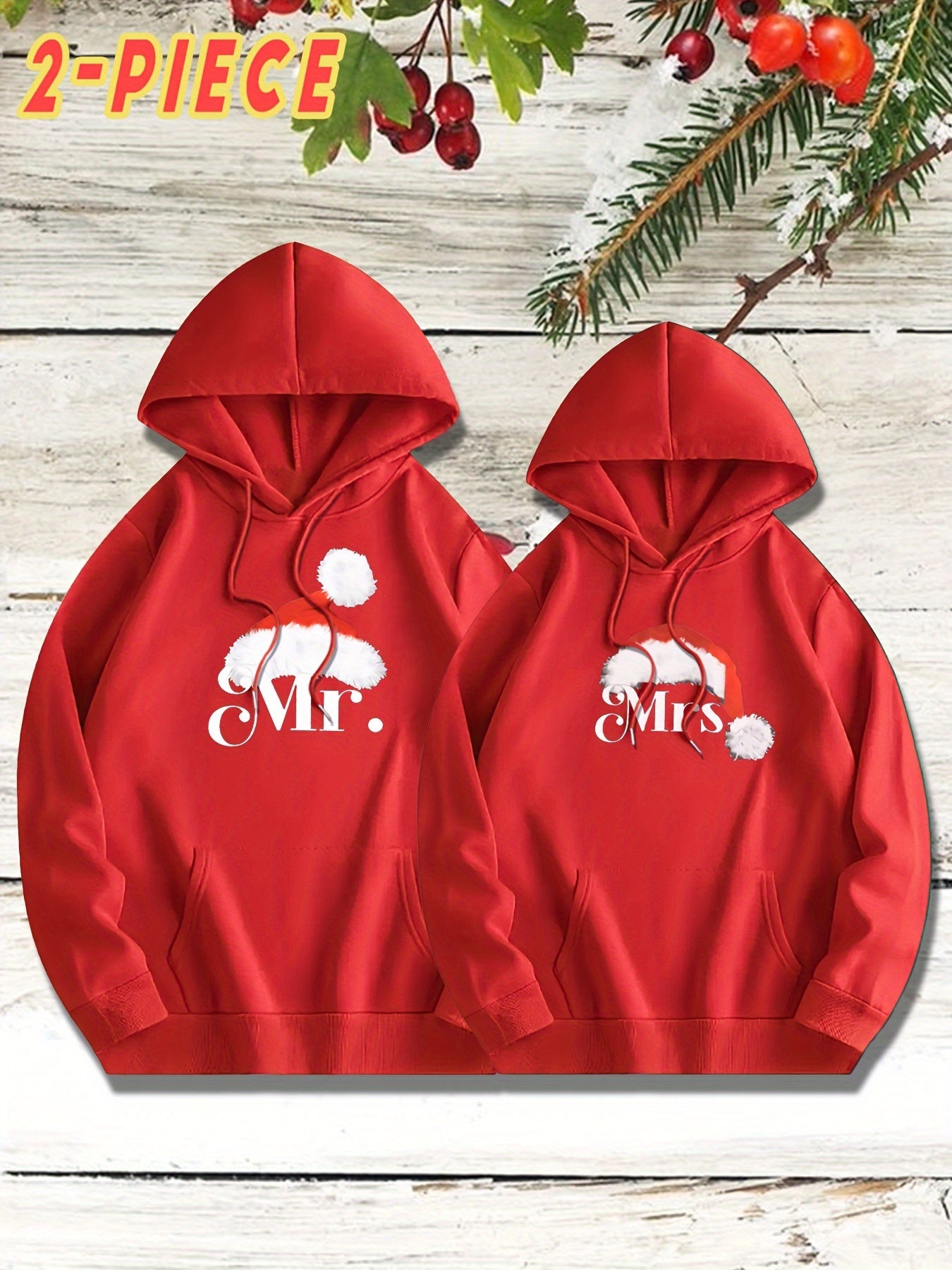 KOURRTER Christmas Hoodie Set - 2pcs, Casual Polyester Knit Fabric with Slight Stretch, Geometric Santa Hat Print, Mr. & Mrs. Design, Regular Fit with Pockets, Fall/Winter Season