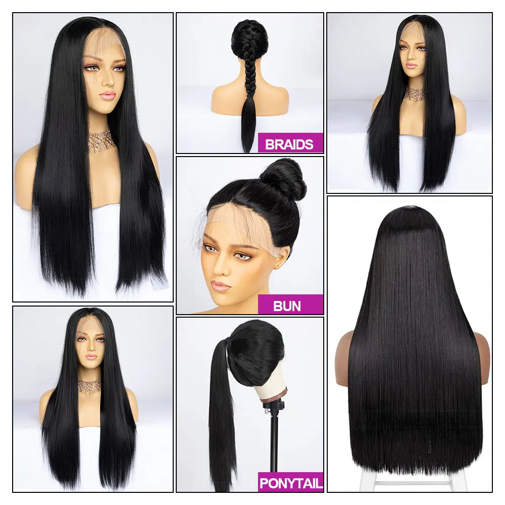 13x3 Straight Lace Front Wig Synthetic Lace Wigs High Quality Brown Glueless Synthetic Lace Frontal Wig Pre Plucked