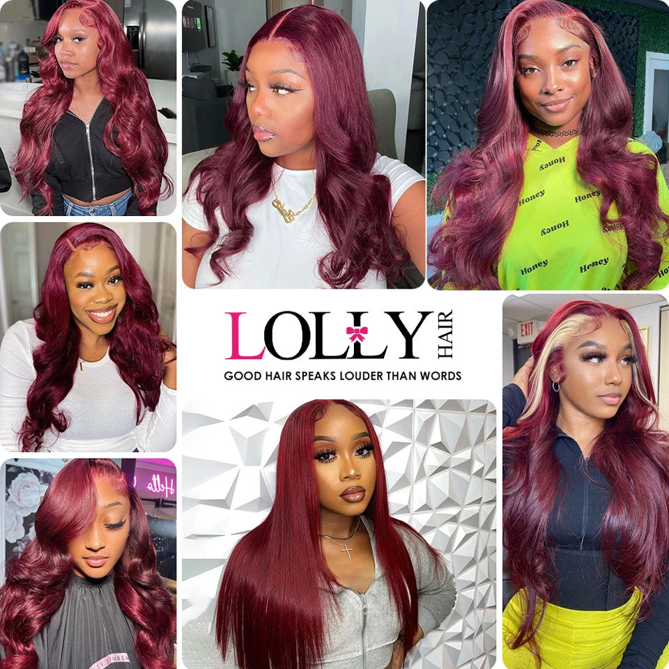 Burgundy Goddess Human Hair Transparent Lace Frontal Body Wave Wig Color 99J