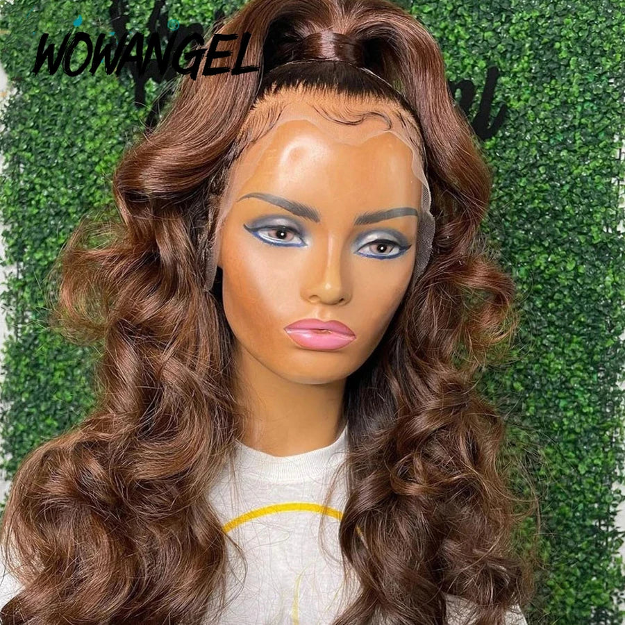 34inch 13x6 HD Lace Front Wig Chocolate Brown Colored HD Lace Frontal Body Wave Human Hair Wig Melt Skins Glueless Natural Scalp