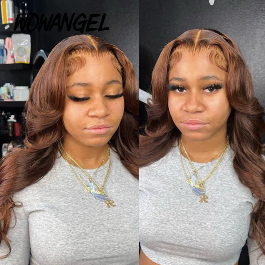 34inch 13x6 HD Lace Front Wig Chocolate Brown Colored HD Lace Frontal Body Wave Human Hair Wig Melt Skins Glueless Natural Scalp