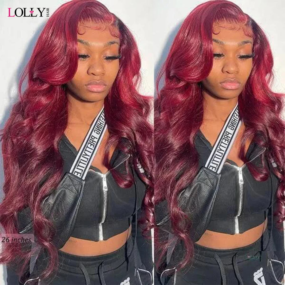 Burgundy Goddess Human Hair Transparent Lace Frontal Body Wave Wig Color 99J