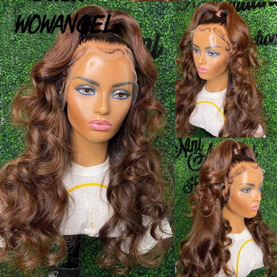 34inch 13x6 HD Lace Front Wig Chocolate Brown Colored HD Lace Frontal Body Wave Human Hair Wig Melt Skins Glueless Natural Scalp