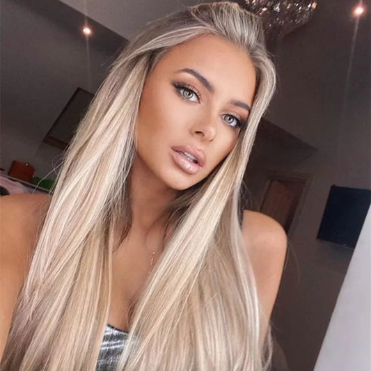 Highlight Blonde Synthetic Lace Wigs Long Straight T Part Lace Front Wig 99J Highlight Brown Colored Synthetic Lace Wig for Wome