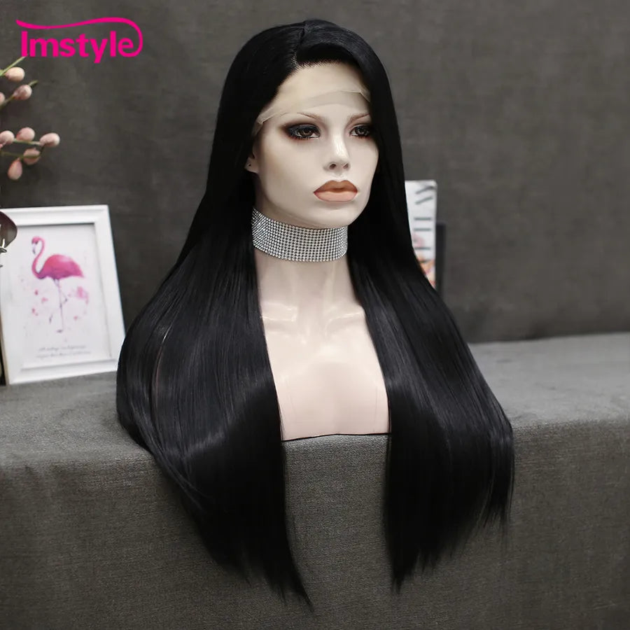 Imstyle Straight Black Wigs Synthetic Lace Front Wig Long Hair Heat Resistant Fiber Green Wigs For Women Daily Cosplay Wig