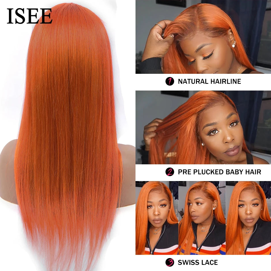 ISEE HAIR Orange Ginger Lace Front Wigs Malaysian Giner Color Straight Lace Front Wigs for Women Human Hair Wigs