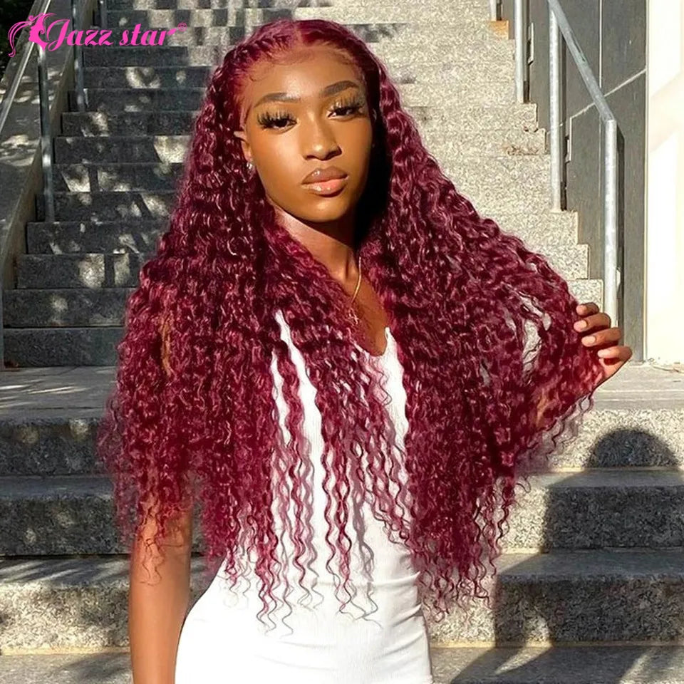 Burgundy 13x4 HD Transparent Lace Front Human Hair Wigs 99J Deep Wave Frontal Wig For Women Pre Plucked Non-Remy Jazz Star