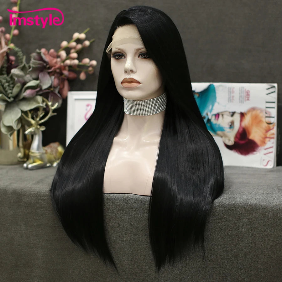 Imstyle Straight Black Wigs Synthetic Lace Front Wig Long Hair Heat Resistant Fiber Green Wigs For Women Daily Cosplay Wig