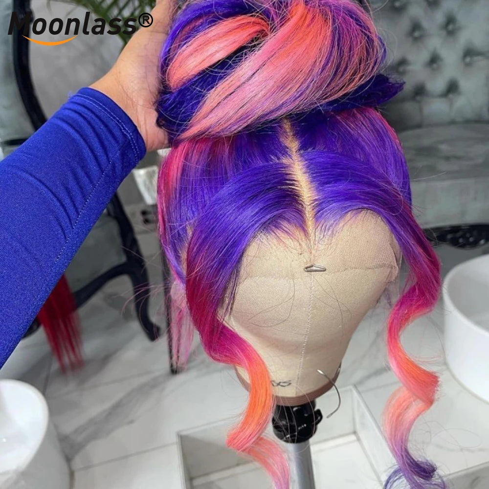 Purple Pink Highlight Transparent Body Wave Wig  Brazilian HD Lace Frontal Human Hair Wig Unit