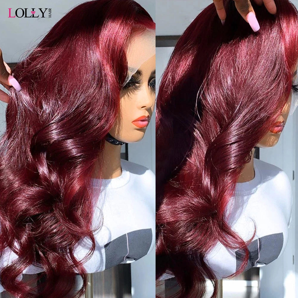 Burgundy Goddess Human Hair Transparent Lace Frontal Body Wave Wig Color 99J