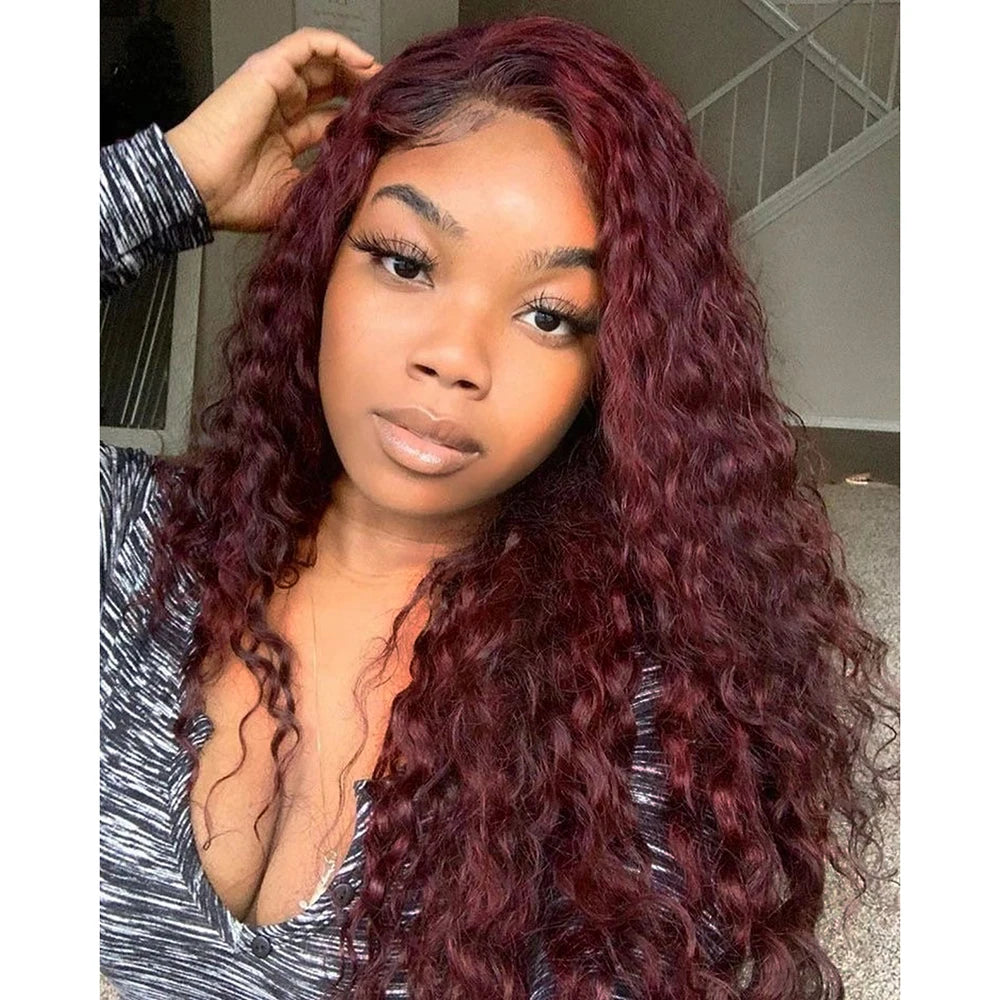 Charisma Deep Wave Synthetic Lace Front Wigs Pre Plucked Natural Hairline Heat Resistant Fiber Hair Glueless Burgundy Lace Wigs