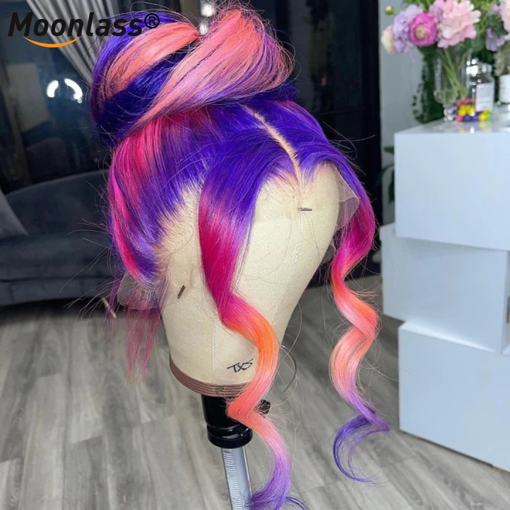 Purple Pink Highlight Transparent Body Wave Wig  Brazilian HD Lace Frontal Human Hair Wig Unit