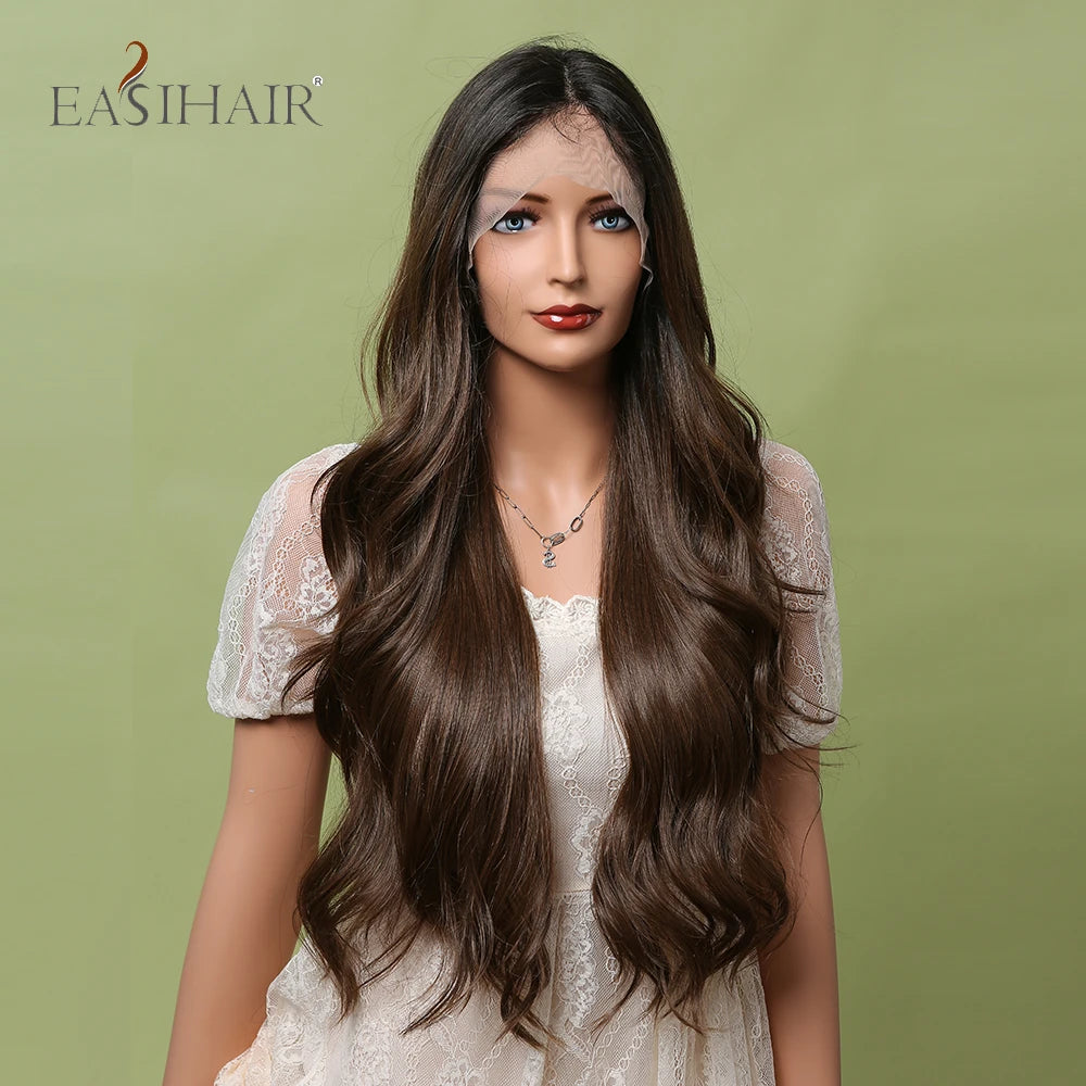 EASIHAIR Ombre Black Dark Brown Lace Front Wigs Middle Part Glueless Long Body Wave Synthetic Lace Hair Wigs for Black Women