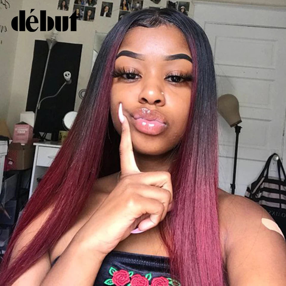 Debut 34 Inches Straight 4*4 Lace Closure Wigs For Women Brazilian Human Hair Wigs Ombre 99J Burgundy Lace Front Wigs Free Ship