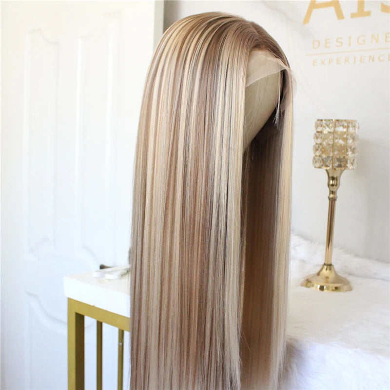 Highlight Brown Blonde Lace Front Wig Synthetic Hair Wig for Women Middle Part Long Straight Hair Heat Resistant Fiber Wig 22"