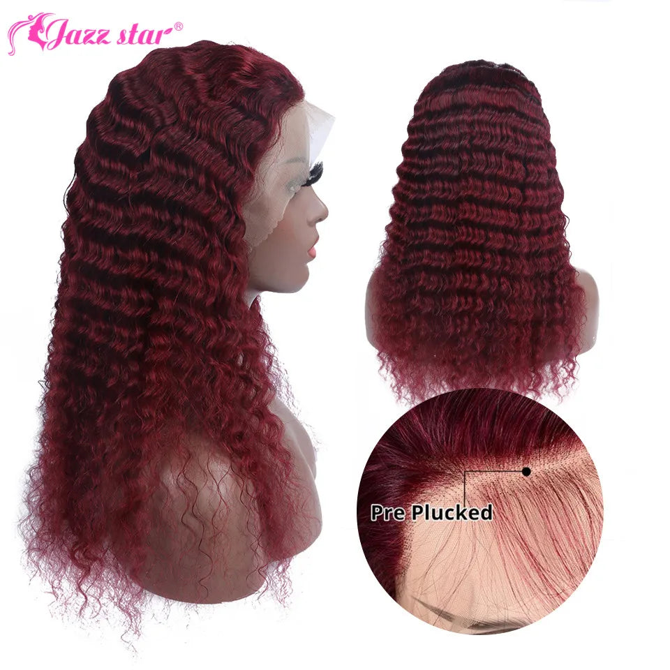 Burgundy 13x4 HD Transparent Lace Front Human Hair Wigs 99J Deep Wave Frontal Wig For Women Pre Plucked Non-Remy Jazz Star