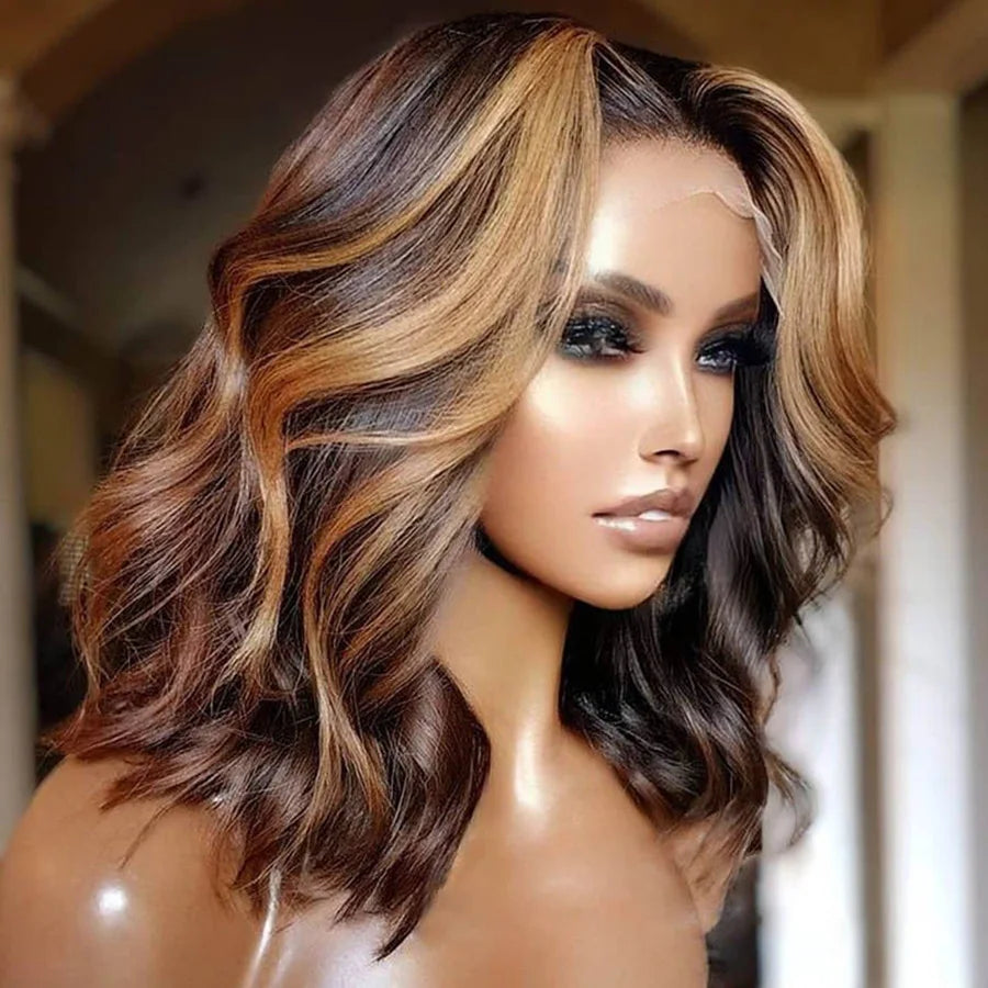 Highlight Honey Blonde Lace Front Wig Short Bob Brazilian Remy Human hair Wigs For Women Wavy 13x4 Lace Front Human Hair Wigs