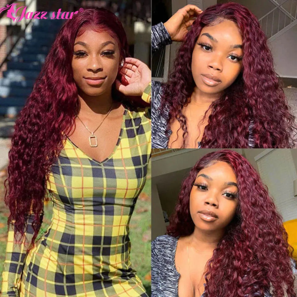 Burgundy 13x4 HD Transparent Lace Front Human Hair Wigs 99J Deep Wave Frontal Wig For Women Pre Plucked Non-Remy Jazz Star