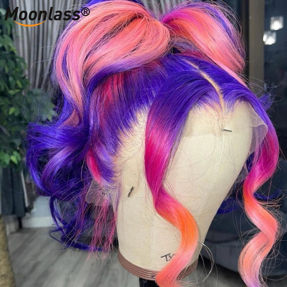 Purple Pink Highlight Transparent Body Wave Wig  Brazilian HD Lace Frontal Human Hair Wig Unit