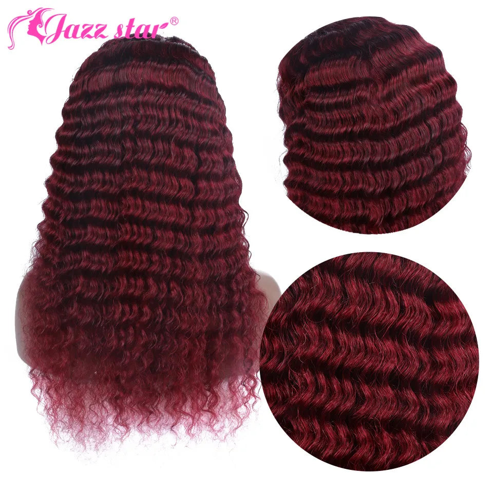 Burgundy 13x4 HD Transparent Lace Front Human Hair Wigs 99J Deep Wave Frontal Wig For Women Pre Plucked Non-Remy Jazz Star