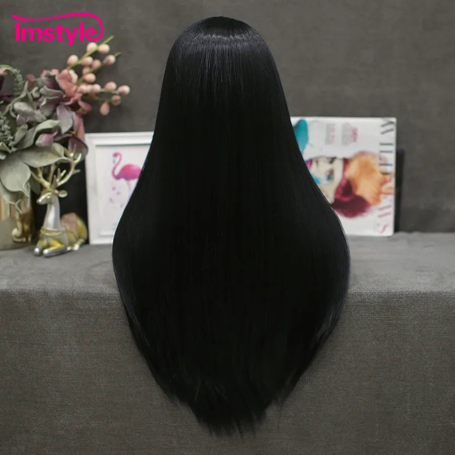 Imstyle Straight Black Wigs Synthetic Lace Front Wig Long Hair Heat Resistant Fiber Green Wigs For Women Daily Cosplay Wig