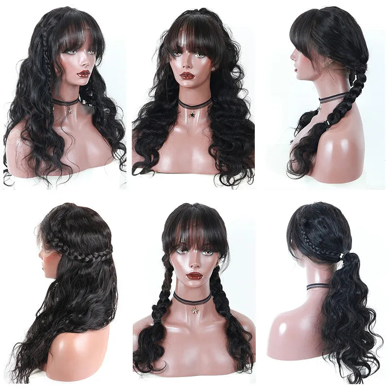 City Bangs Remy Body Wave 250% Density Lace Front Human Hair PrePlucked Wig Unit