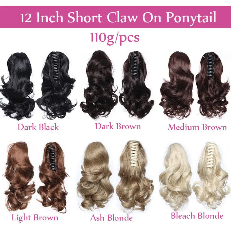 HAIRRO 12" Short Wavy Ponytail Hair Extensions Claw Clip On Ponytail Hair Extension Synthetic Ponytail Extension Hair For Women