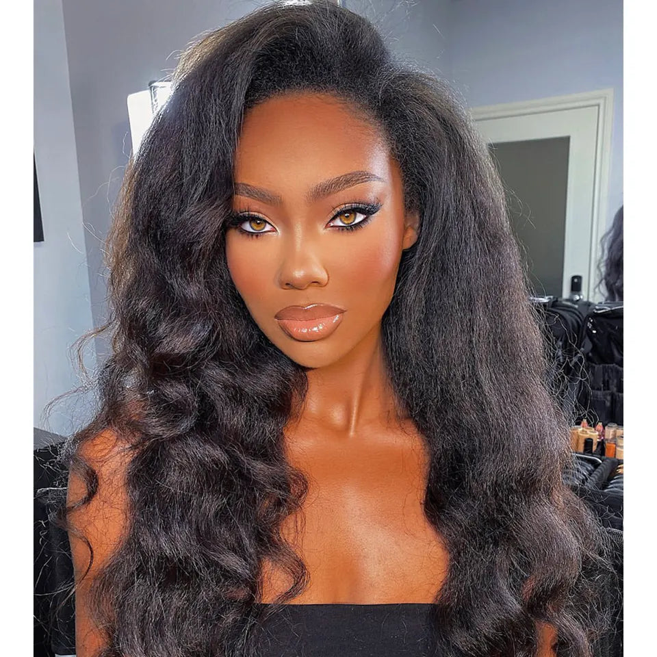 Remy Peruvian Kinky Straight Body Wave 13x4 Lace Front Human Hair 180% Density PrePlucked Wig Unit